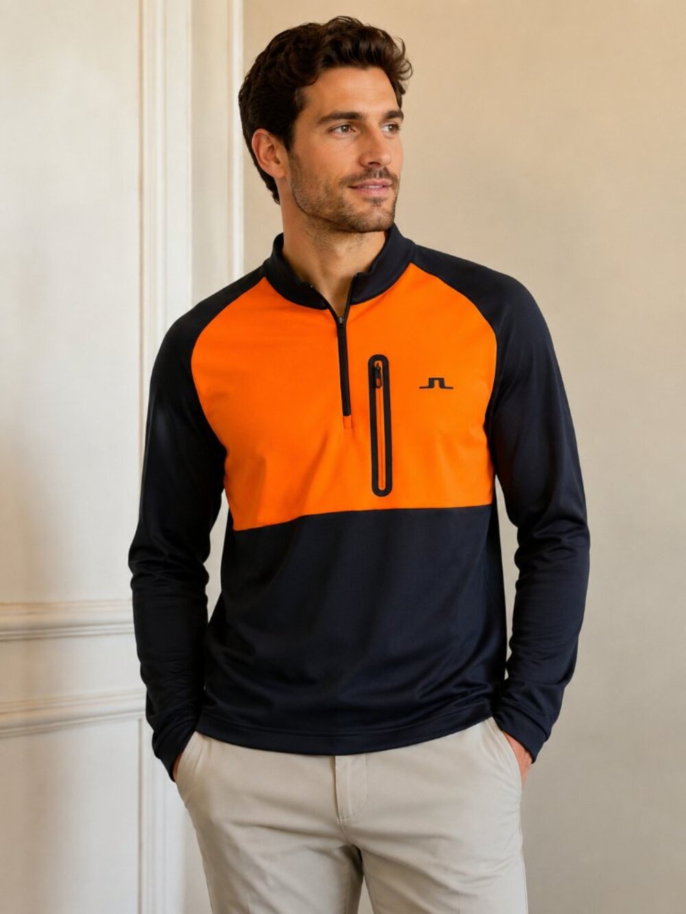 J.Lindeberg Men's Quarter-Zip Performance Pullover – Orange/Navy SIZE M